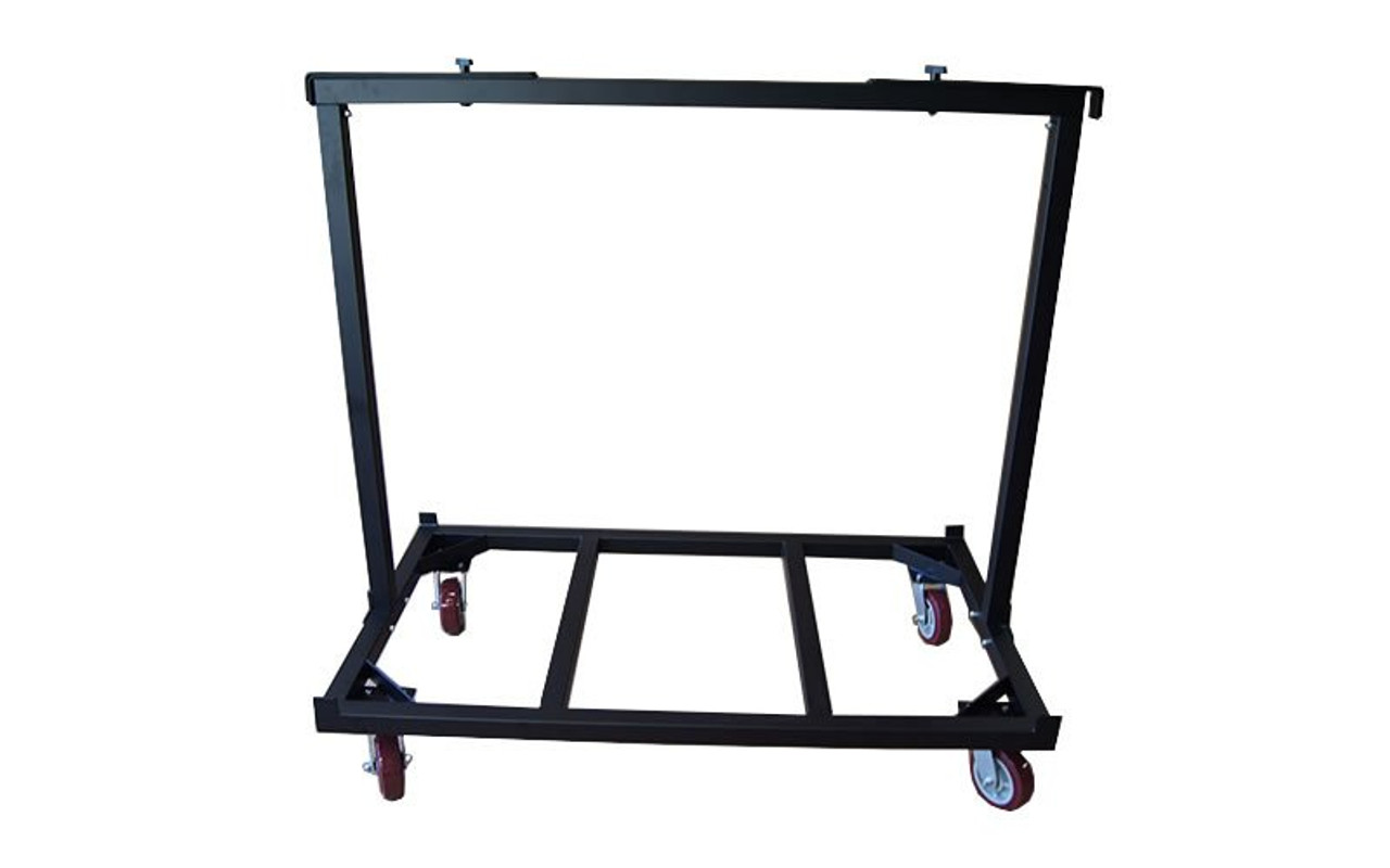 Broad side view of our best selling Quik Stage 8-Deck Portable Stage Vertical Storage Cart for 4 x 8 Stage Decks