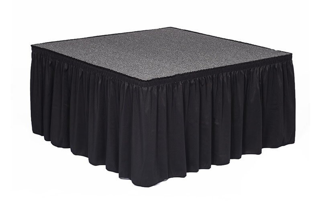 Top rated 16" High Black Shirred Pleat Wyndham Flame Retardant Polyester Stage Skirting with the Loop Side Fastener.  - Attached to a square stage.