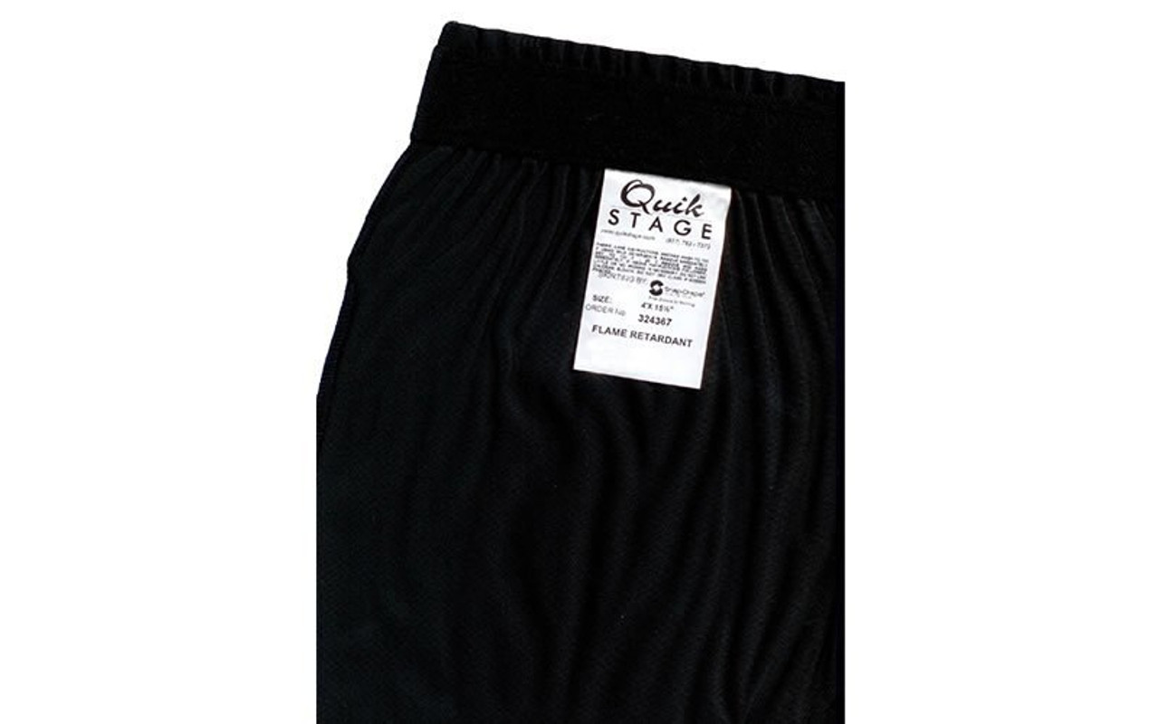 Top rated 16" High Black Shirred Pleat Wyndham Flame Retardant Polyester Stage Skirting with the Loop Side Fastener.  - Loop side Velcro sewn on the back side.