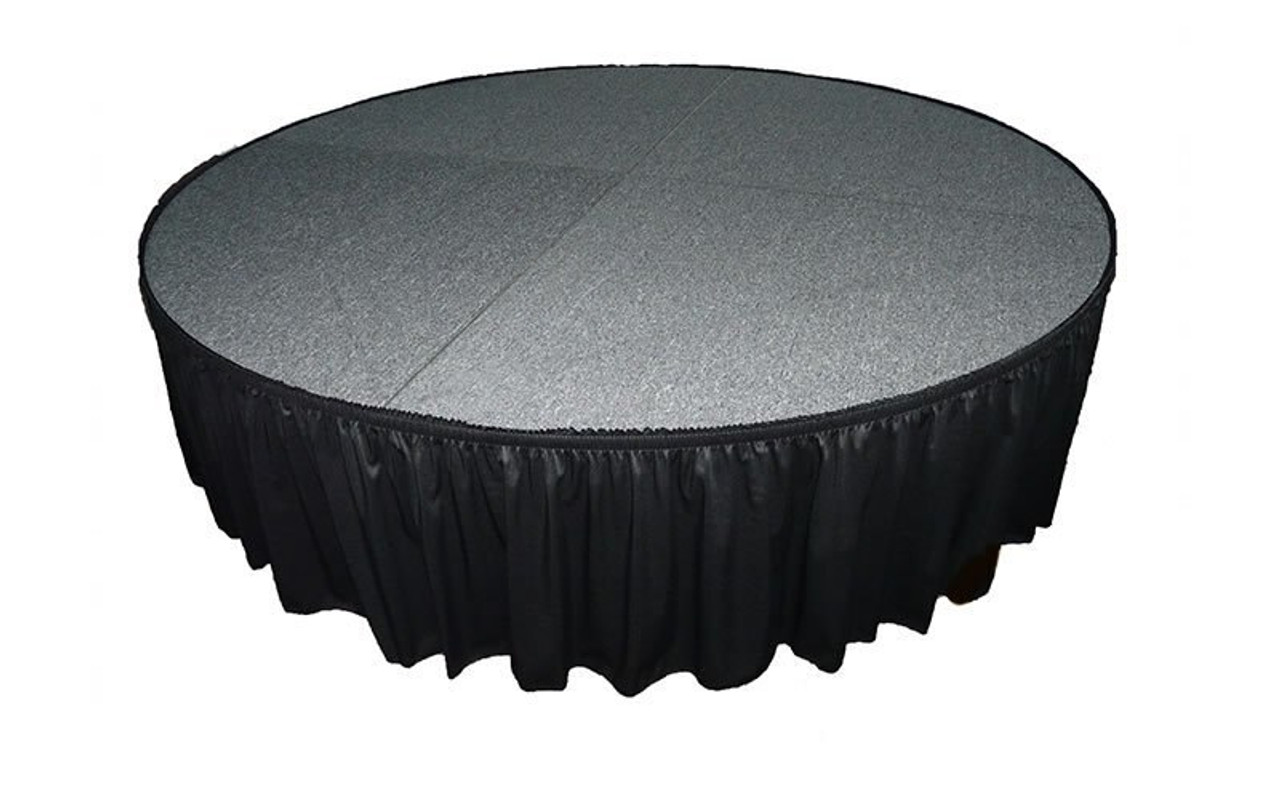 Top rated 16" High Black Shirred Pleat Wyndham Flame Retardant Polyester Stage Skirting with the Loop Side Fastener.  - Attached to a round stage.