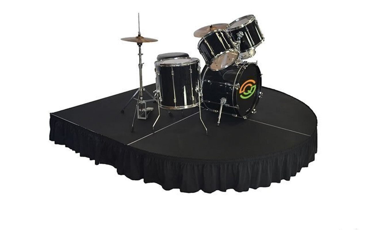 Top rated 32" High Black Shirred Pleat Wyndham Flame Retardant Polyester Stage Skirting with the Loop Side Fastener.  - Attached to a rounded front drum riser.