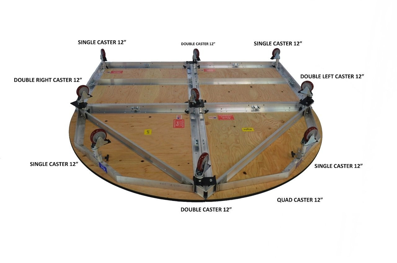 Best reviewed Quik Stage 6' x 8' x 12" High Round Front Rolling Drum Riser Package  - Bottom View showing caster style and placement