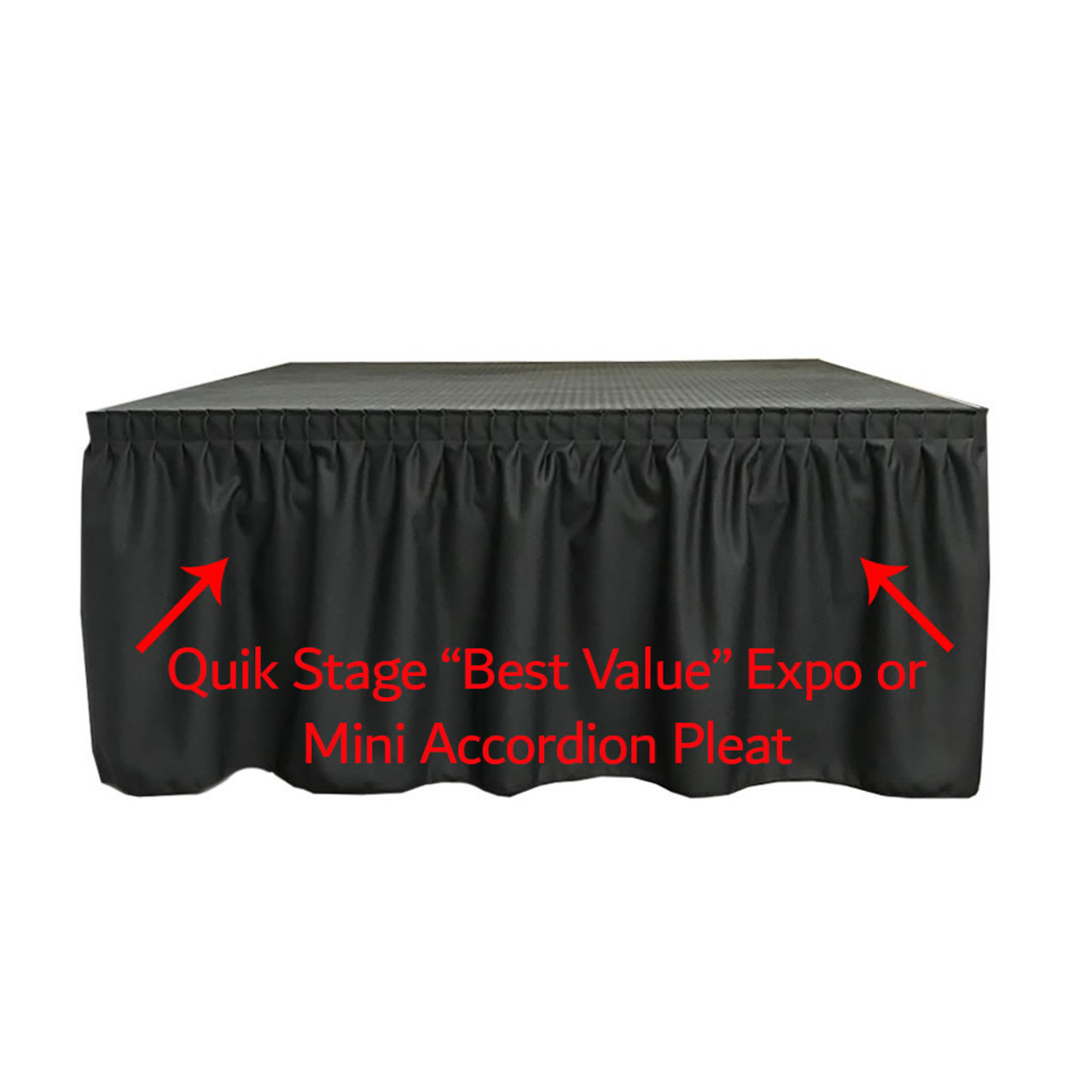 High Quality Quik Stage 12' x 32' High Portable Stage Package with Black Polyvinyl Non-Skid Surface. Additional Heights and Surfaces Available - Best Value Expo Pleat Stage Skirting