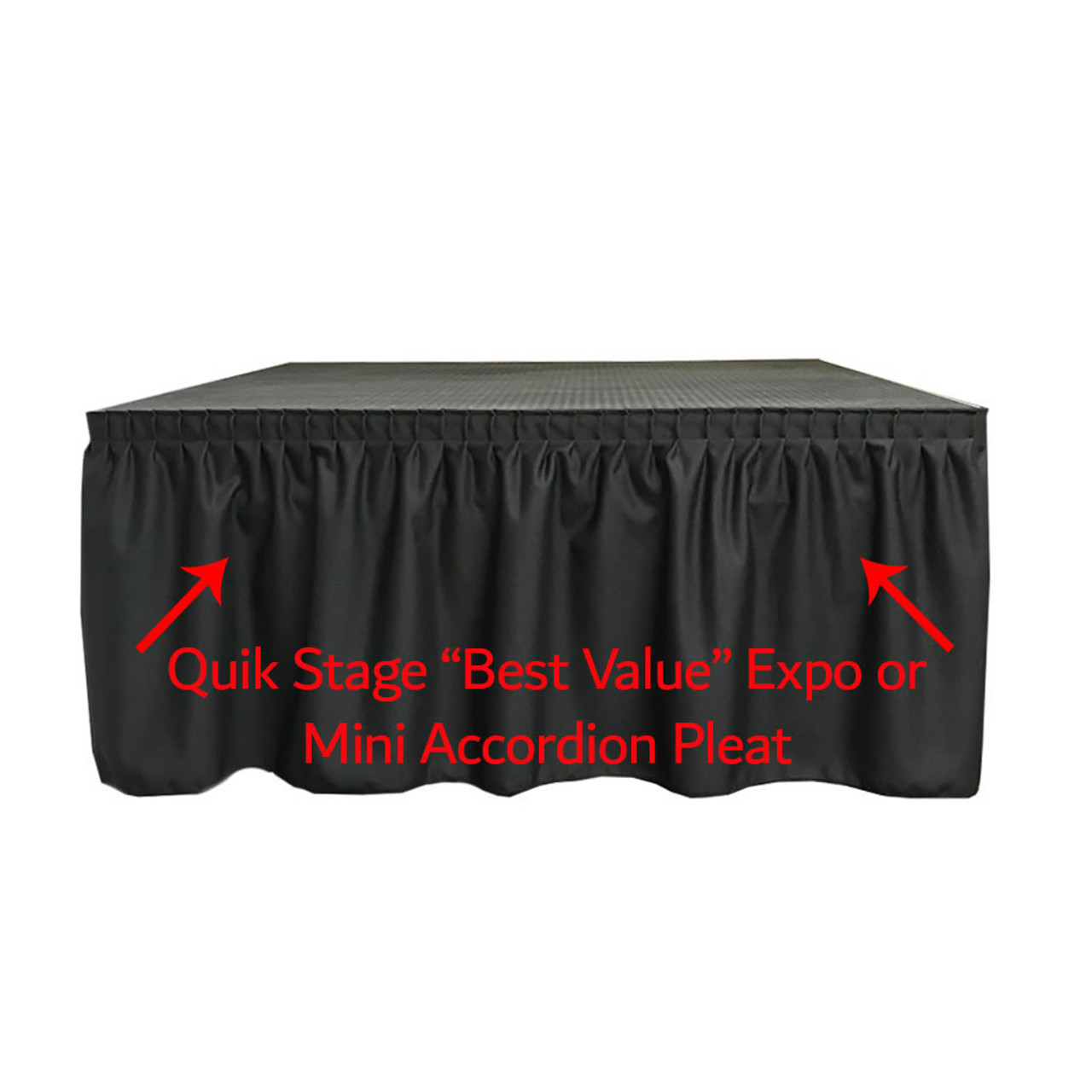 Quik Stage 12' x 12' x 8" High Portable Stage Package with Black Polyvinyl Non-Skid Surface. Additional Surfaces and Heights Available - Best Value Expo Pleat Skirting