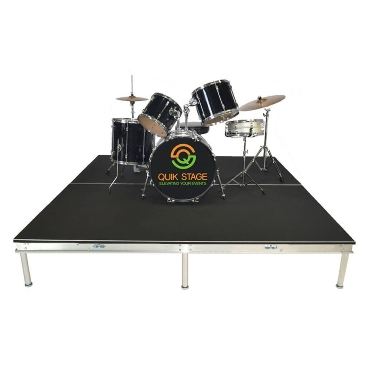 Quik Stage 12' x 20' High Portable Stage Package with Black Polyvinyl Non-Skid Surface. Additional Heights and Surfaces Available - Drum Riser without skirting