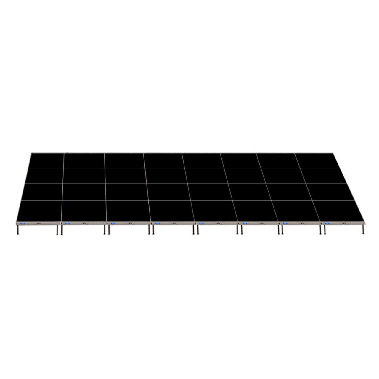 Top Rated Quik Stage 16' x 32' High Portable Stage Package with Black Polyvinyl Non-Skid Surface. Additional Heights and Surfaces Available - Front view