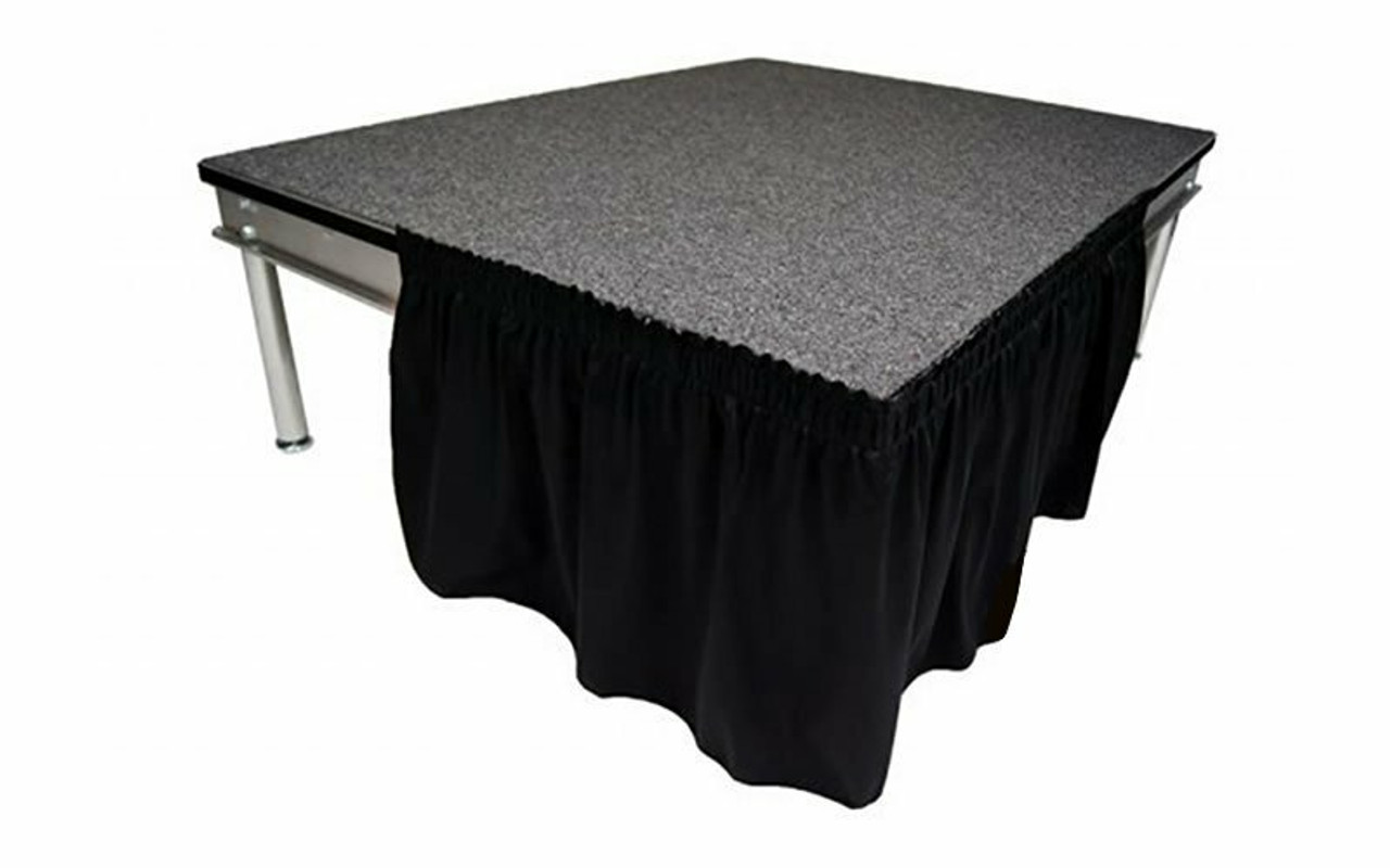 Top rated 24" High Black Expo Pleat Premier Pro Flame Retardant Polyester Stage Skirting with the Loop Side Fastener.  - Attached easily via the Velcro on back of the skirting.