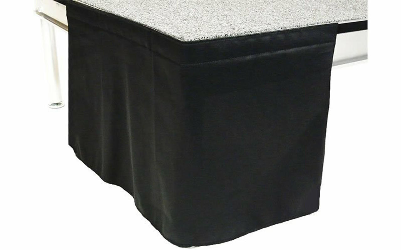 16 Inches High Flat No Pleat Black Poly Premier Polyester Top Rated Stage Skirting with Velcro. FR Rated.