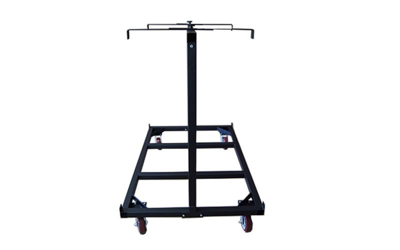 End view of our best selling Quik Stage 10-Deck Portable Stage Vertical Storage Cart for 4 x 8 Stage Decks with retention brackets deployed.