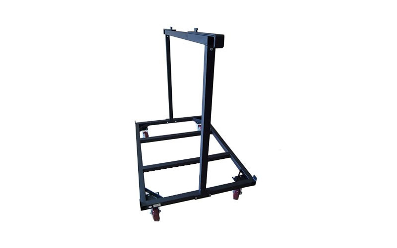 Right to left view of our best selling Quik Stage 10-Deck Portable Stage Vertical Storage Cart for 4 x 8 Stage Decks with retention brackets not deployed.