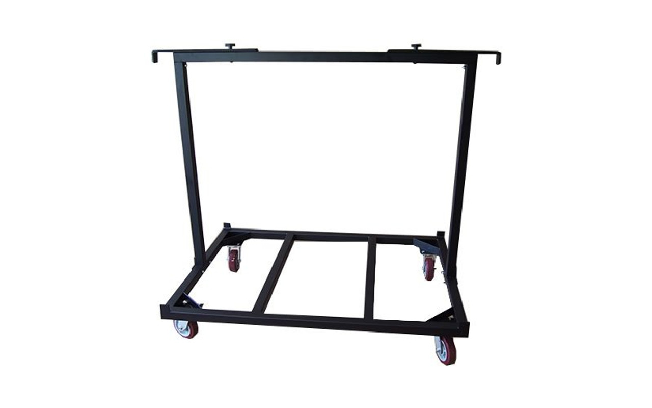 Side view of our best selling Quik Stage 10-Deck Portable Stage Vertical Storage Cart for 4 x 8 Stage Decks with retention brackets not deployed.