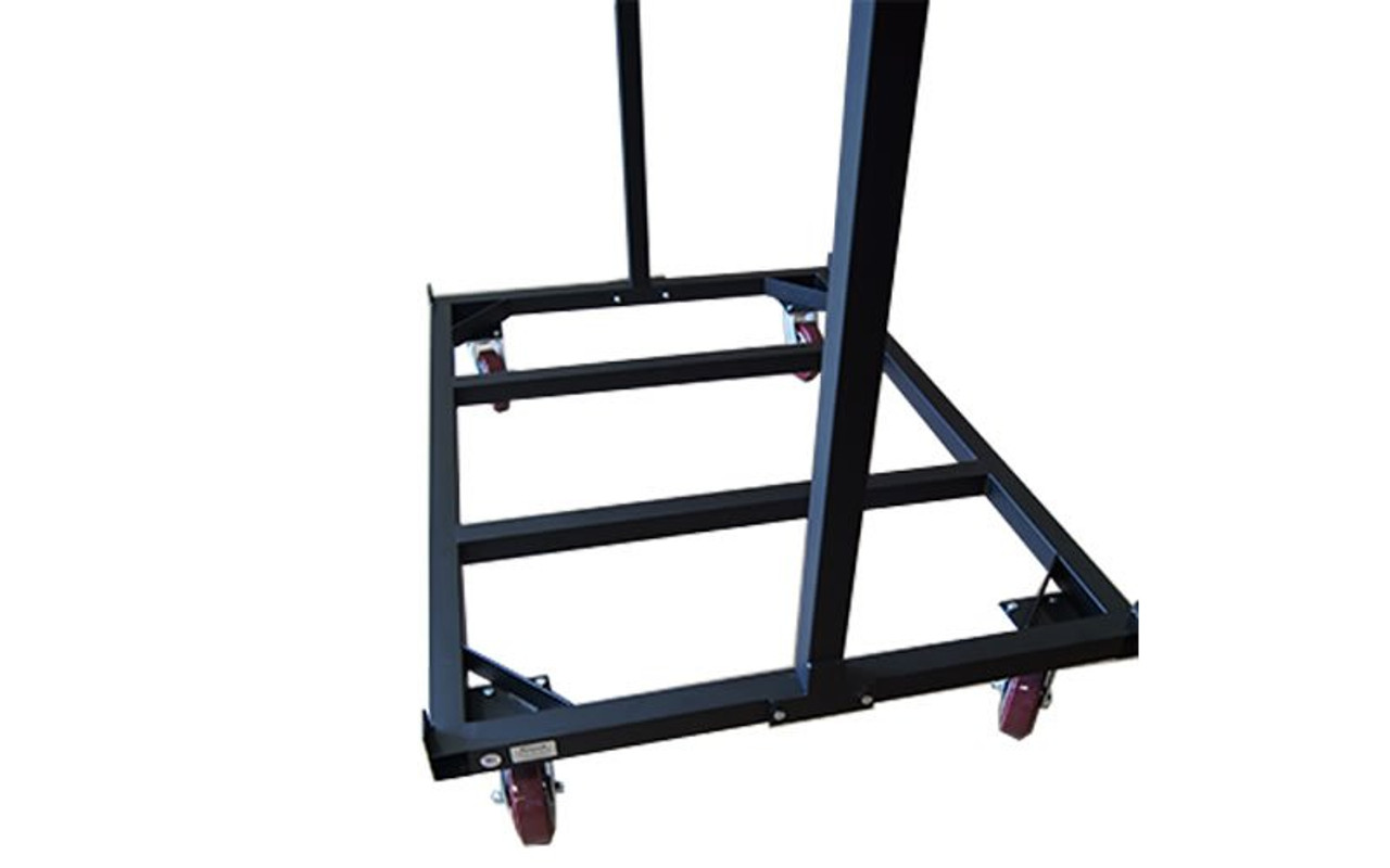 Closeup view the base and casters on our best selling Quik Stage 10-Deck Portable Stage Vertical Storage Cart for 4 x 8 Stage Decks.