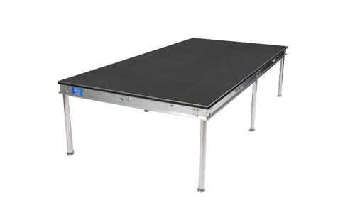 Quik Stage 4' x 5' x 8" High Portable Stage Deck with Black Polyvinyl Non-Skid Surface. Additional Heights and Surfaces Available. Angled left view.