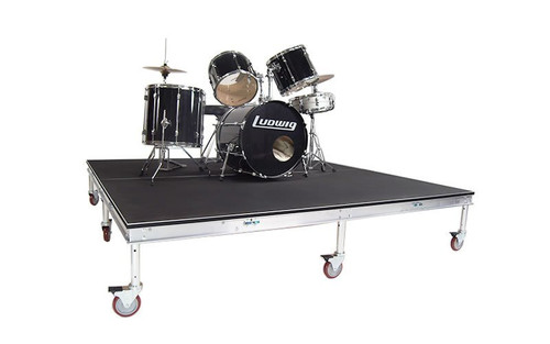 Top rated Quik Stage 8' x 8' High Rolling Drum Riser Package with Black Polyvinyl Surface - Angled view with drum set