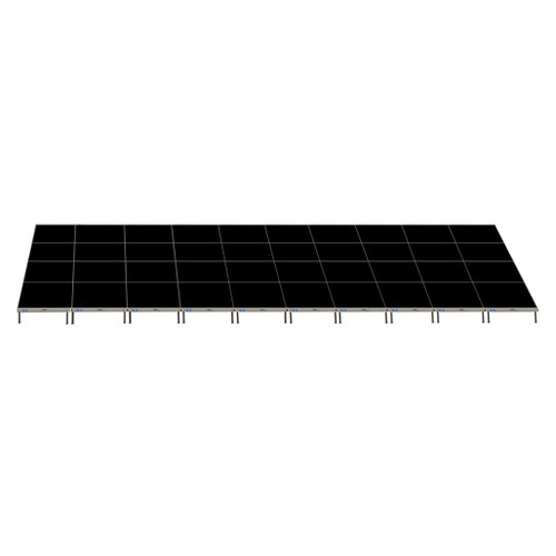 Top Rated Quik Stage 16' x 40' High Portable Stage Package with Black Polyvinyl Non-Skid Surface. Additional Heights and Surfaces Available. - Front view.