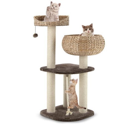 41 Inch Rattan Cat Tree with Napping Perch-Brown - Color: Brown