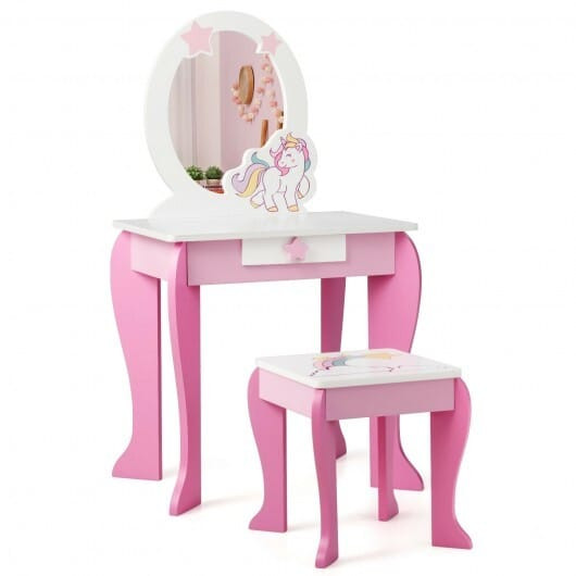 Kids Wooden Makeup Dressing Table and Chair Set with Mirror and Drawer-Pink - Color: Pink