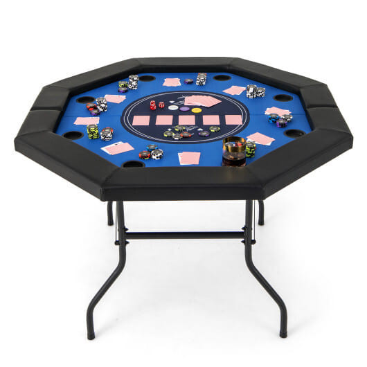 48 Inches Foldable Poker Table with Padded Rails and Cup Holders-Blue - Color: Blue