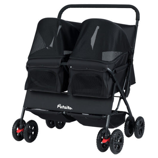 Foldable Double Pet Stroller with Adjustable Sunshade and Storage Basket-Black - Color: Black