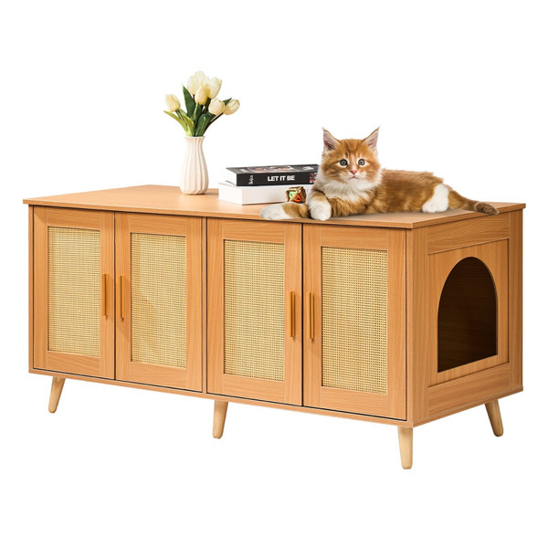 Cat Litter Box Enclosure for 2 Cats, Litter Box Furniture Hidden with Rattan Decorated Doors, Woode