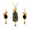 Cave campfire Ancient Evenings charcoal jewelry wire wrapped 14k gold necklace earrings set with citrine accents.