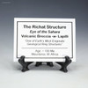 Description tag for Richat Structure volcanic lapilli on a display stand, sold by Sciencemall-USA.
