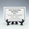 Description tag for Kola Superdeep Borehole rock, on a tag stand, Sciencemall-USA