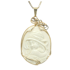 Mammoth Ivory carved jewelry 67911 Hooded Woman cameo large shown on a chain.