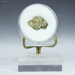Green Trinitite front view, specimen ID 59685 - 1.7 grams on a display stand, Sciencemall-USA