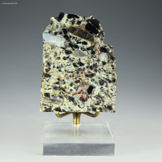 Barberton meteorite impact spherule bed 74 grams, facing front on a display stand, at Sciencemall-USA