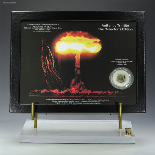 Authentic Trinitite atomic glass 1.0 g Riker Display case, green minor black displayed with sizing cube, for sale at Sciencemall-USA