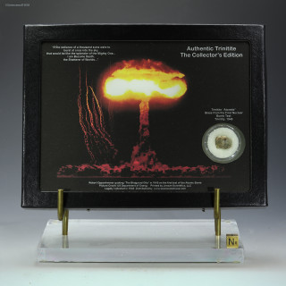 Trinitite 0.5 g Riker display atomic glass collectible on a riser, for sale at Sciencemall-USA