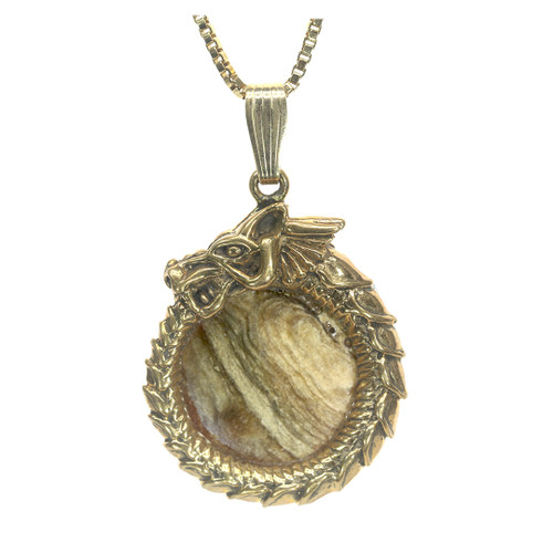 Ouroboros jewelry gift necklace made of brass with a stromatolite center [63807] shown with a gold chain.
