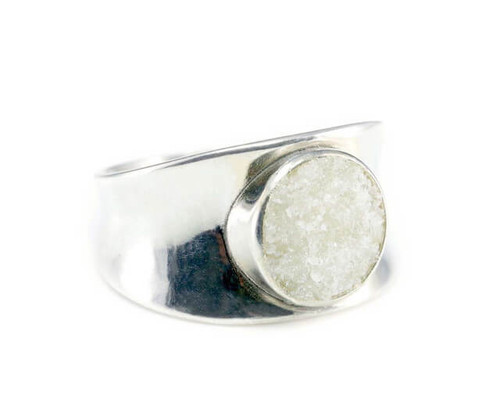 Side-facing, concave minimalist sterling silver fulgurite lightning sand cabochon ring at Sciencemall-USA