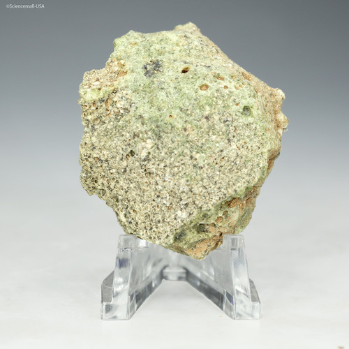 Front-facing green black Trinitite, 14.7 grams on a display stand, for sale at Sciencemall-USA