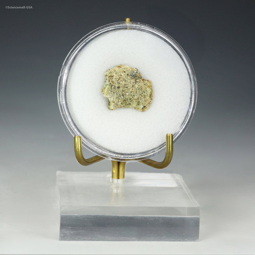 Trinitite Alamogordo atomic glass, 1.28 grams, front-facing on a display stand, for sale at Sciencemall-USA