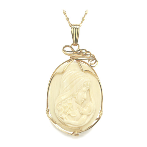Mammoth Ivory Jewelry Mother and Child pendant wire wrapped in 14k gold, on a chain, Sciencemall-USA