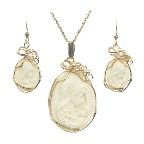 Mammoth ivory carved cameo mother and child 14K gold jewelry set with pendant chain and earrings