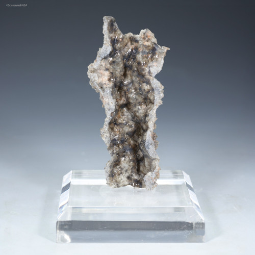 Front-facing fulgurite Icarus lightning sand on a plexiglass riser, for sale at Sciencemall-USA