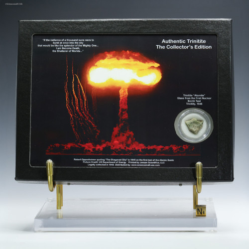 Authentic green Trinitite atomic glass 1.4 g in a Riker Display case, with sizing cube, for sale at Sciencemall-USA
