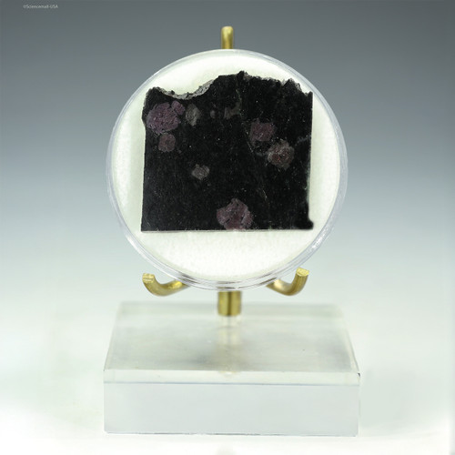 Front-facing Nuvvuagittuq Garnet Paragneiss, Canada, 9.1 grams on a display stand, Sciencemall-USA
