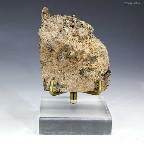 Front view of Richat Structure volcanic breccia with lapilli from Mauritania on display stand, sold by Sciencemall-USA