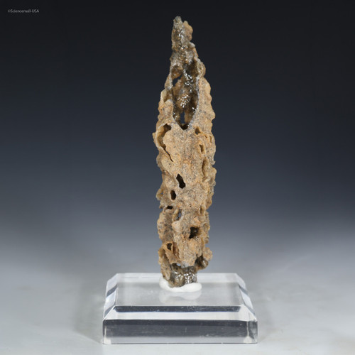 Front-facing "Fire and Flames" fulgurite on a plexiglass riser, for sale at Sciencemall-USA