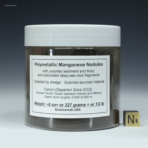 Front-facing view of a half-pound of polymetallic nodules with mixed fines, at Sciencemall-USA
