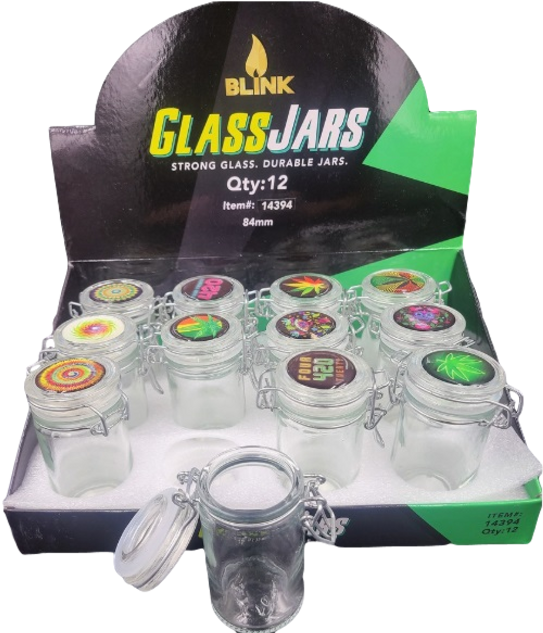 Blink Air Tight Glass Jars with Latch Top holds 3.5 grams 12 pack Retail Display