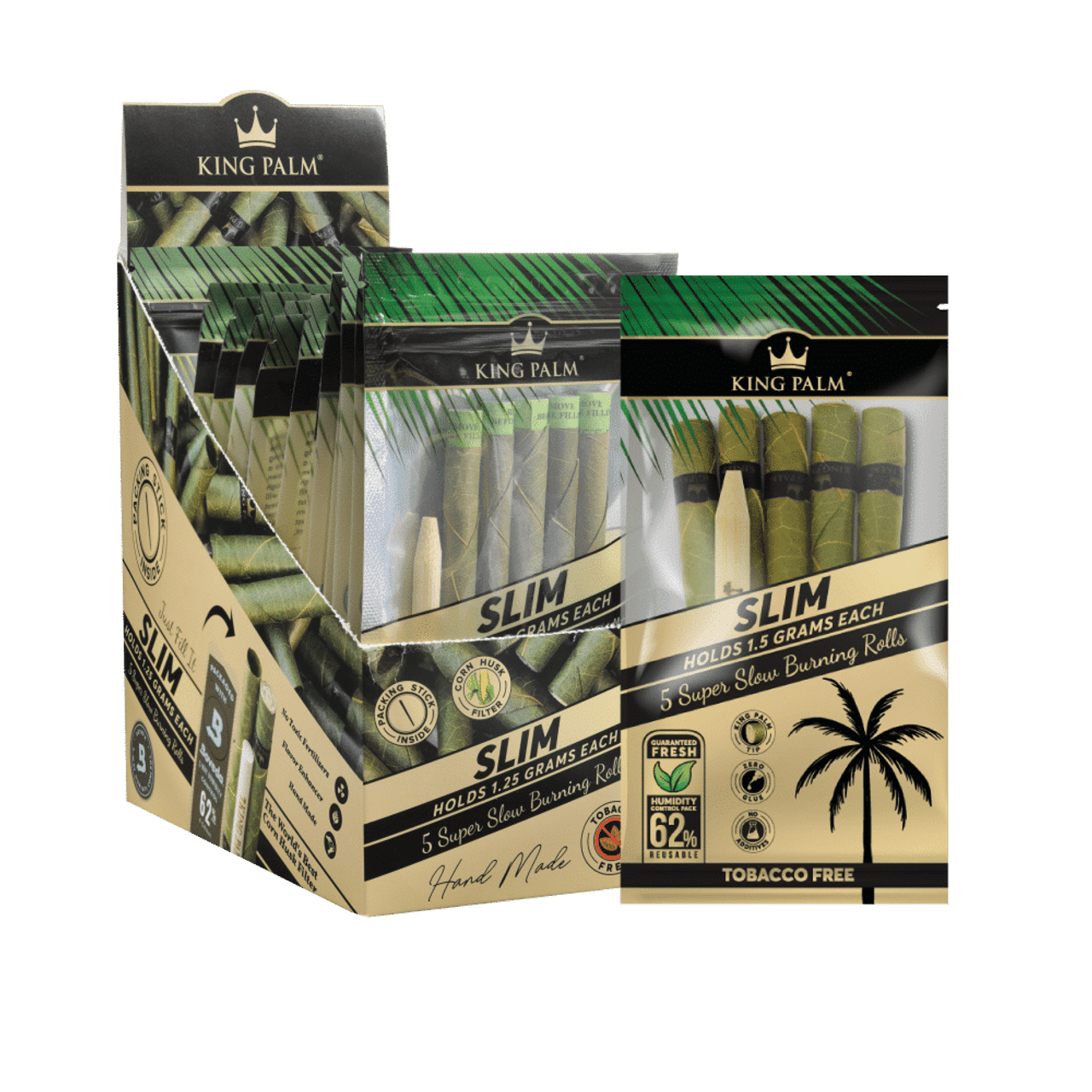 King Palm SLIM Pre-Rolled Cone Display - 15 Packs Per Box, 5 Wraps Per Pack