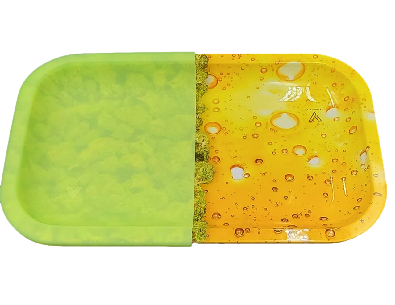 10.5" x 6.25" Metal Rolling Tray with 1/2 Removable Silicone Cover | OIL & BUD