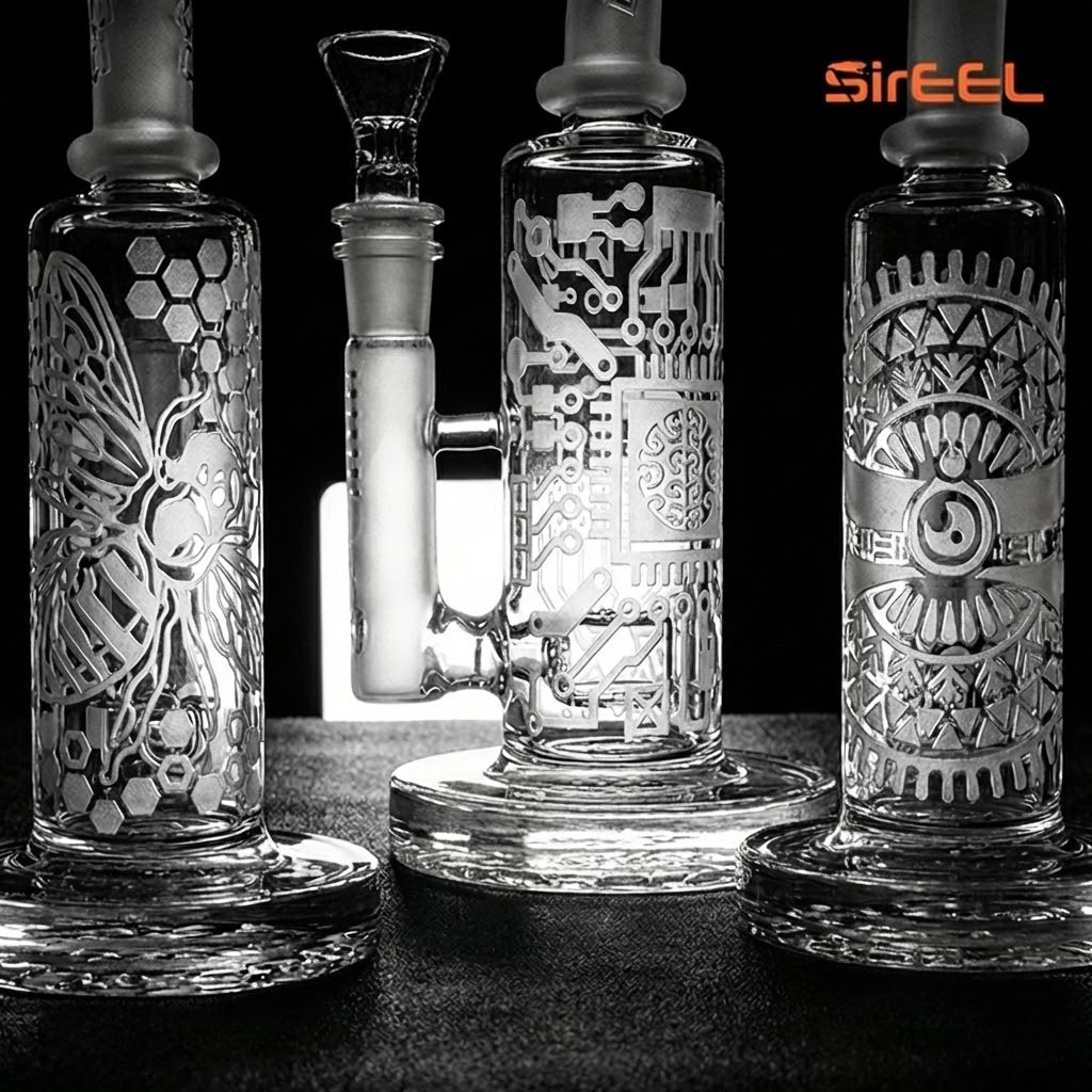 SirEEL - 8" Clear Etched Bong with Bowl, Assorted Designs May Vary (Generated with AI which can make mistakes)