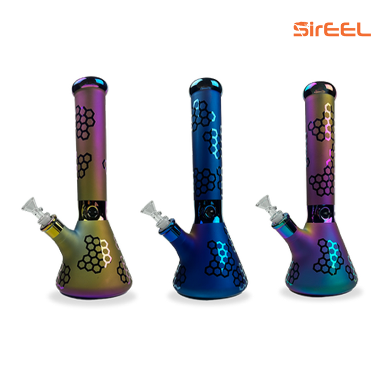 SirEEL - 14" Etched Image Iridized Beaker Bong with Flower Bowl, Assorted Designs & Colors