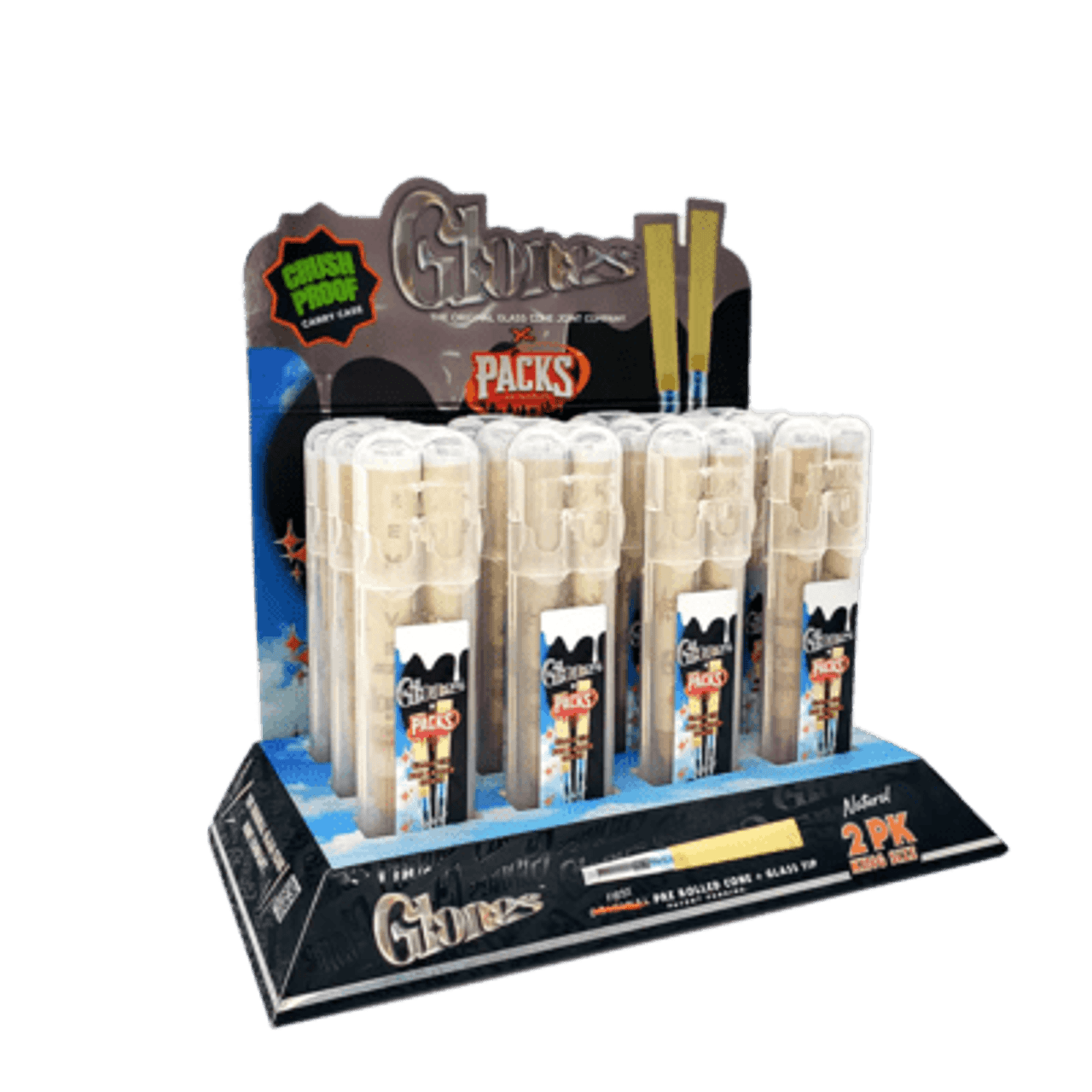 GLONES Unbleached Pre-Rolled GLASS Cones King Size | 12 packs of 2 Cones | Retail Display